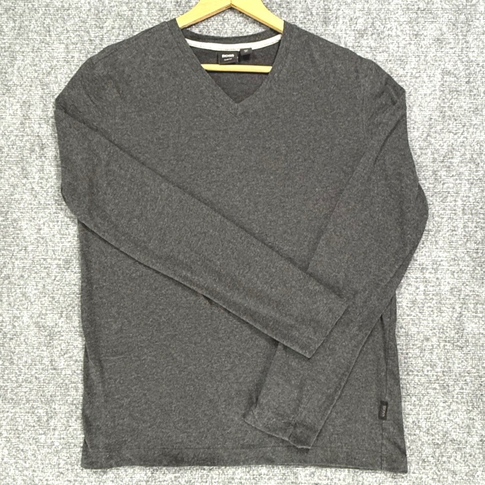 BOSS Hugo Boss Long Sleeve Shirt Men's Large Gray V-Neck Slim Fit Stretch Cotton